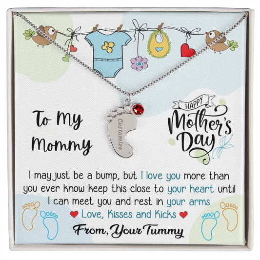 To My Beautiful Mommy - From Your Tummy | Custom Baby Feet Necklace with Birthstone